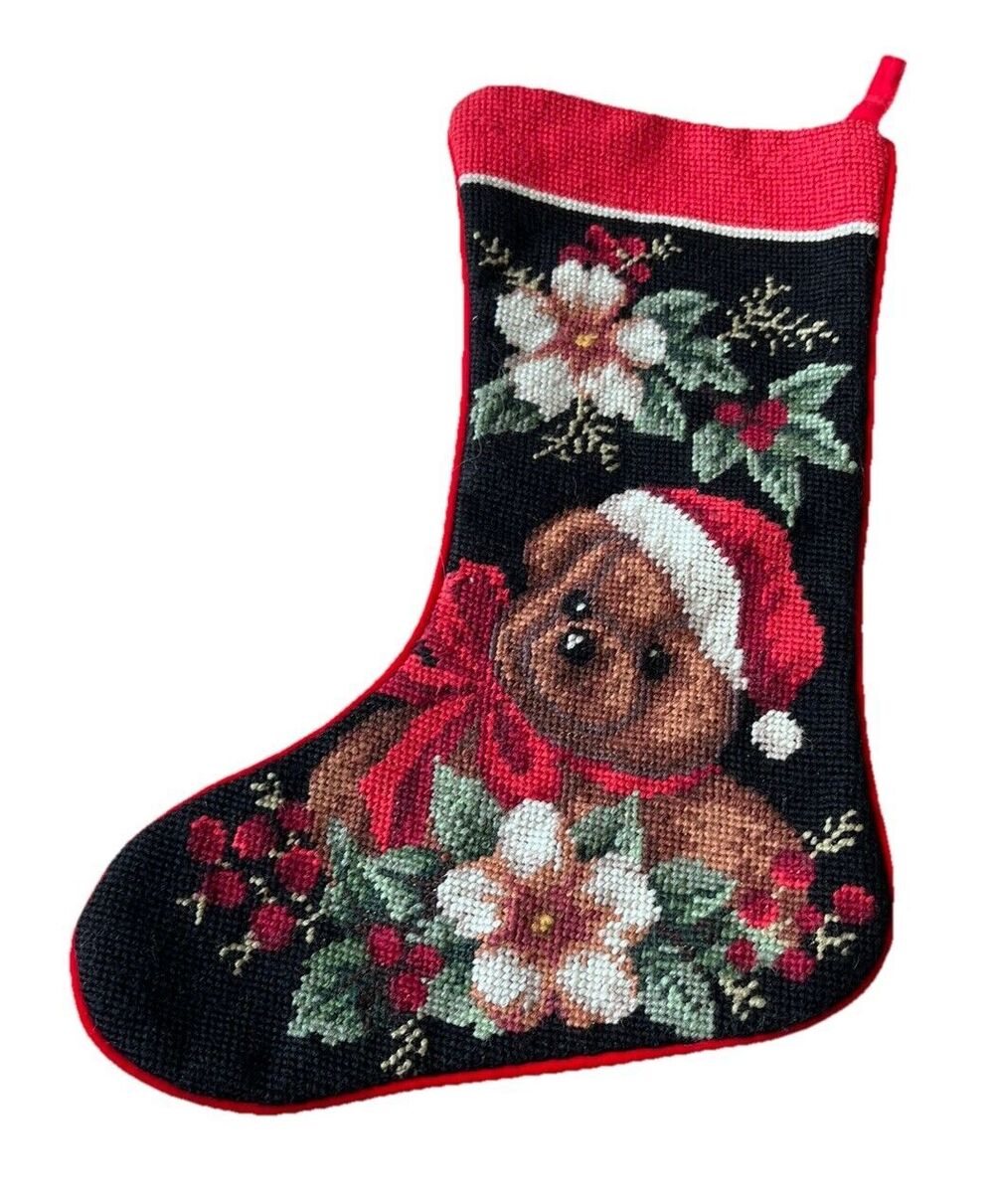 Vintage Wool Needlepoint Stocking Teddy Bear Christmas Holly Flowers 16"